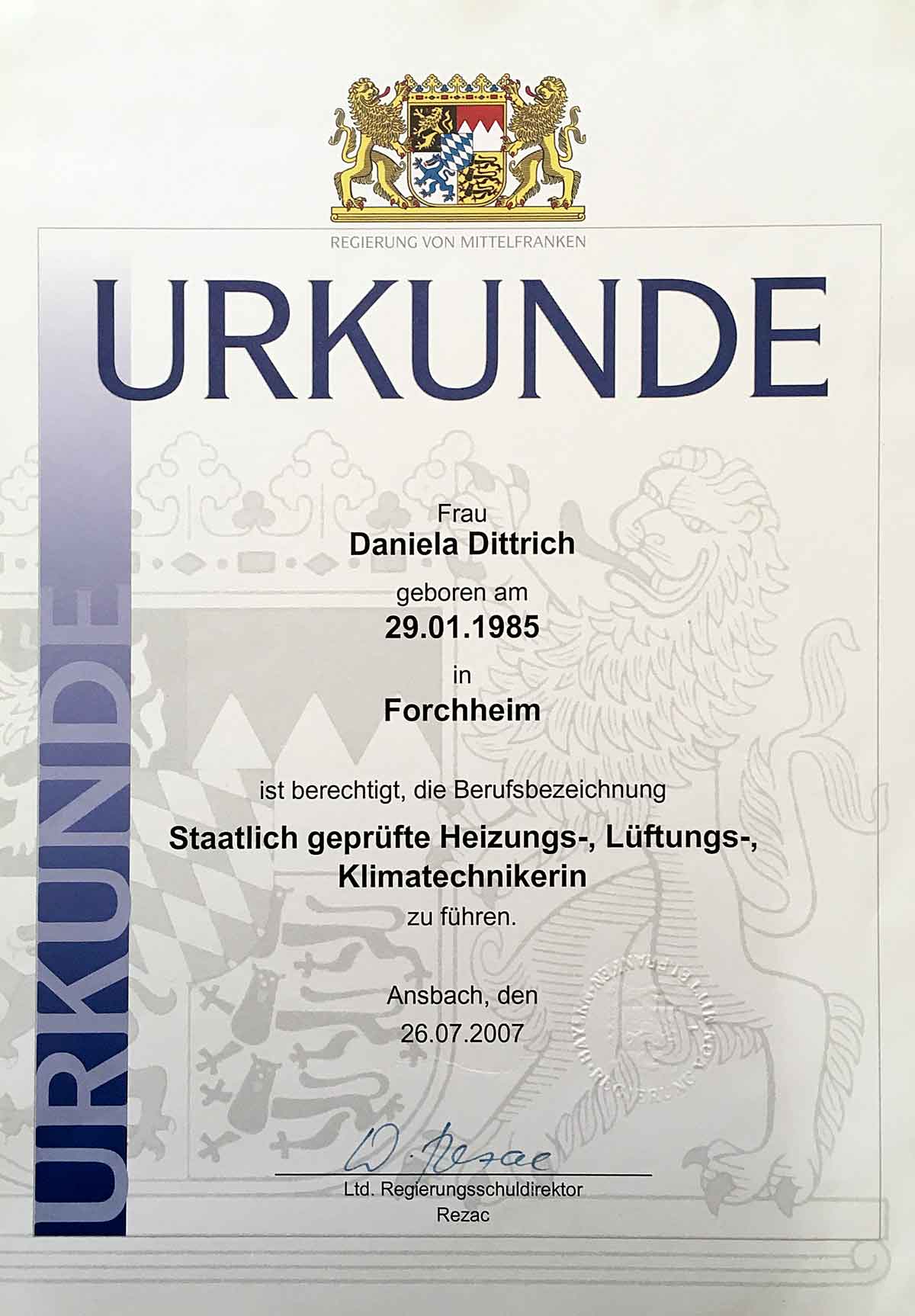 Urkunde Daniela Dittrich