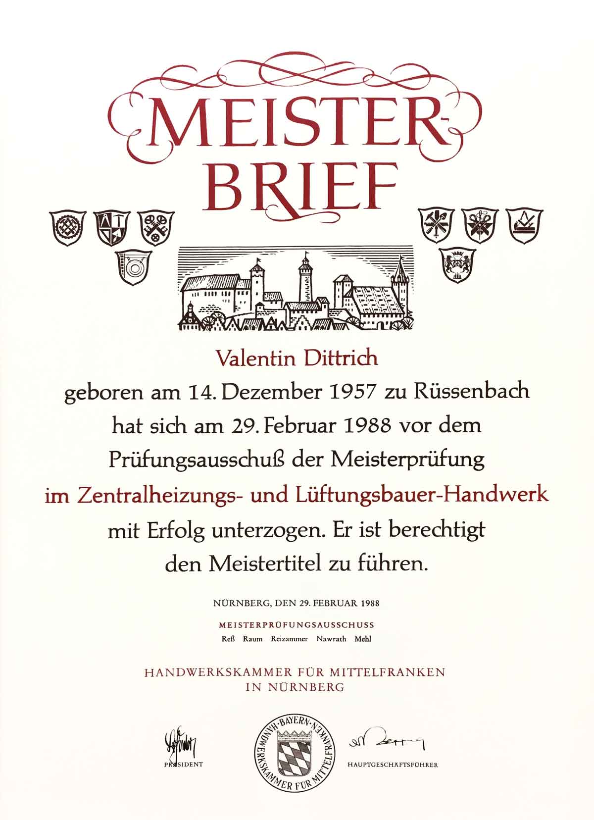 Meisterbrief Valentin Dittrich
