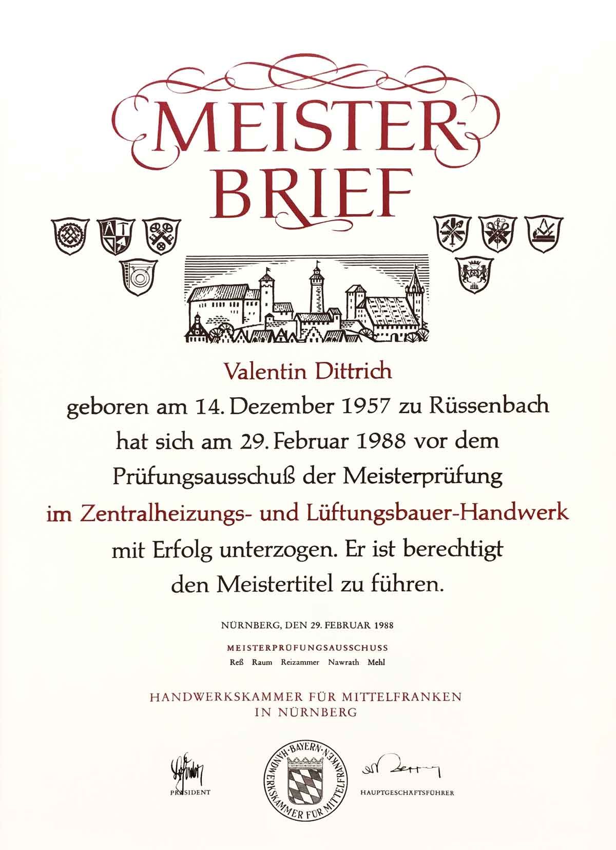 Meisterbrief Valentin Dittrich